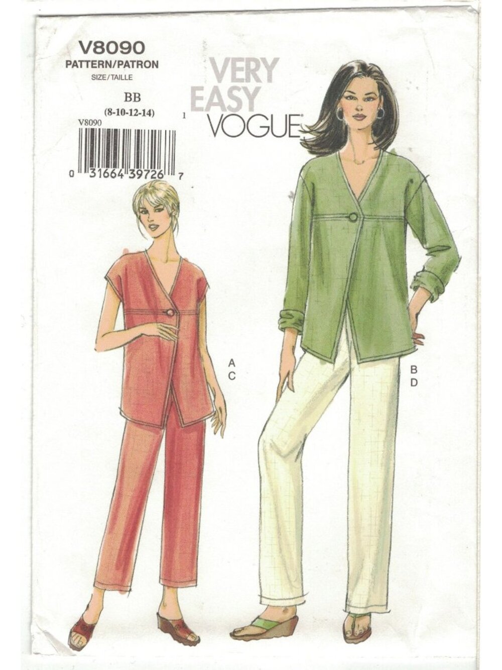 Very Easy Vogue 8090 Lagenlook Jacket Top Pants Pattern Misses Size 8-14 Uncut